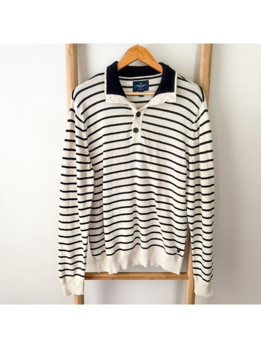 American Eagle Striped Rugby Collar Knit Sweater Cream Black Men’s Medium